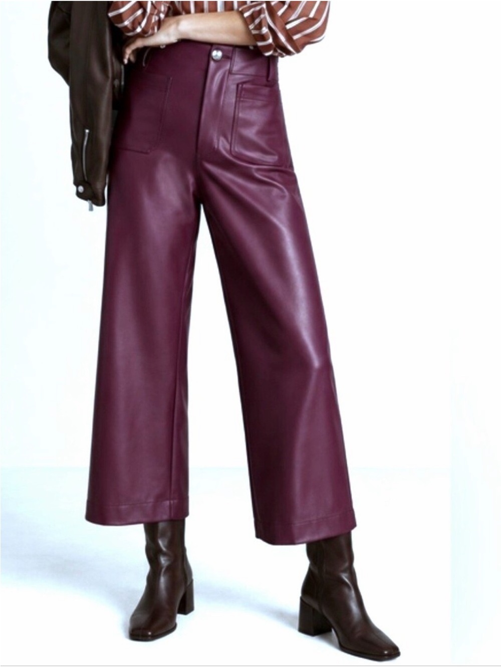 Anthropologie Maeve Colette Wide-Leg Vegan Leather Trouser Pants in Plum Purple